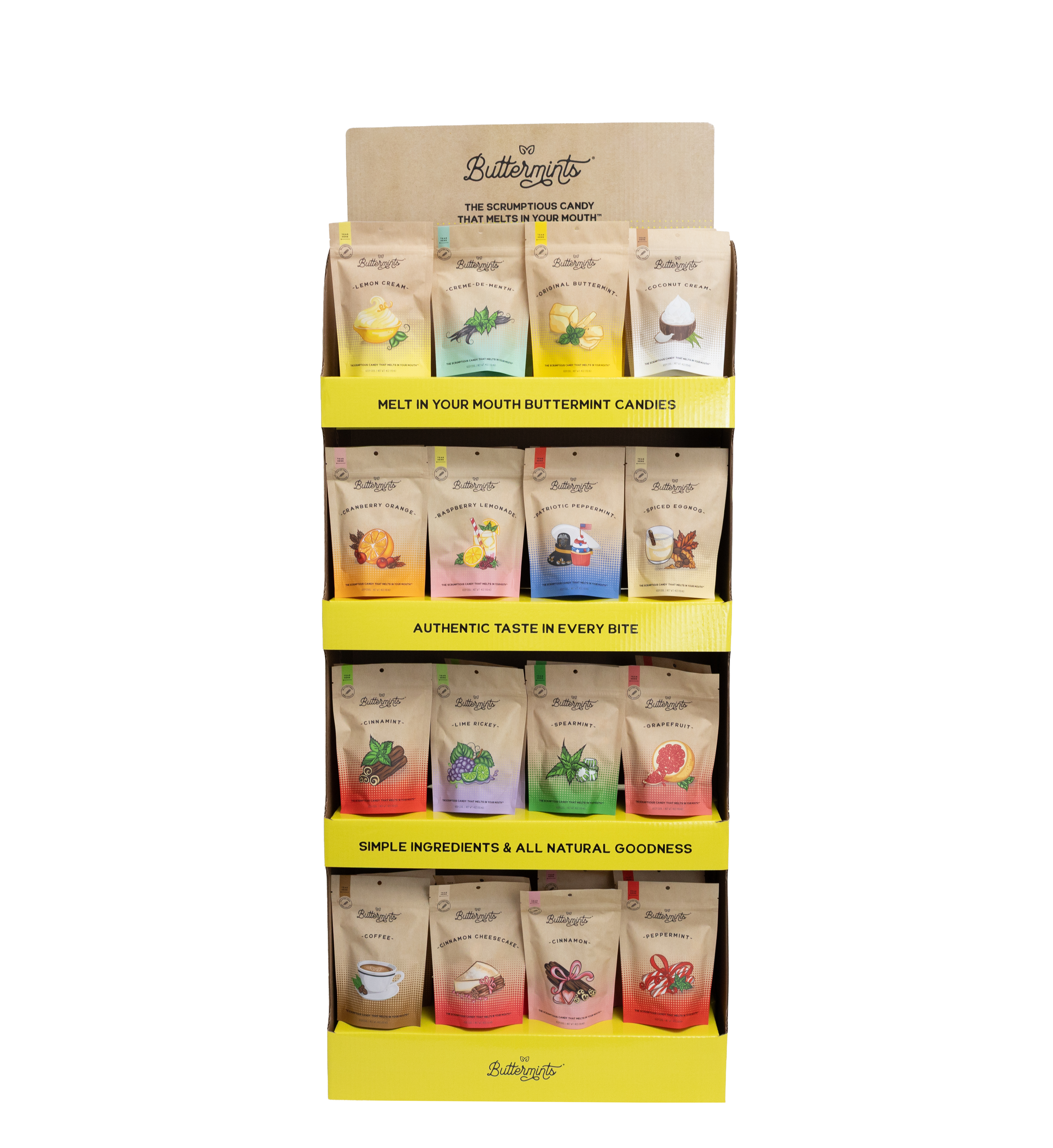 Buttermints floor shipper display, filled with flavor pouches